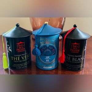 Lot of Three Metal Pagoda Tea Tins